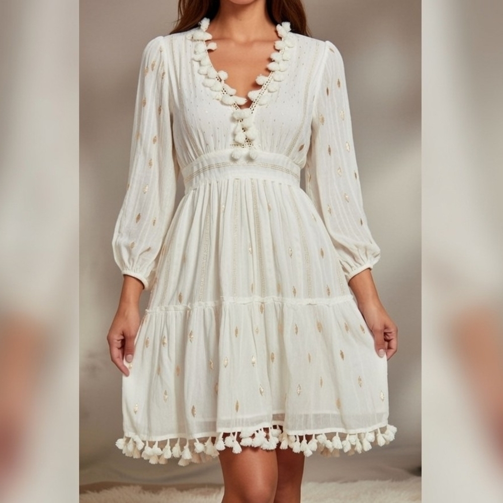 #022 Elegant White Pom-Pom Dress